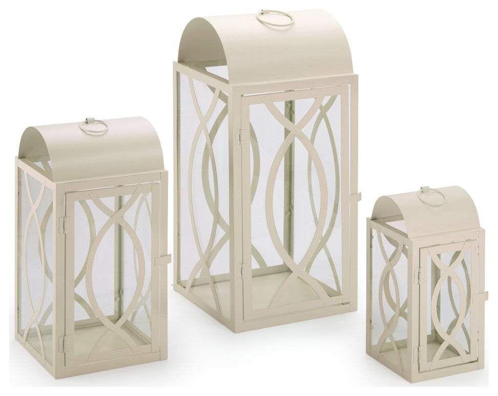 Set of 3 Indoor/Outdoor Rogan Metal and Glass Candle Lanterns- White