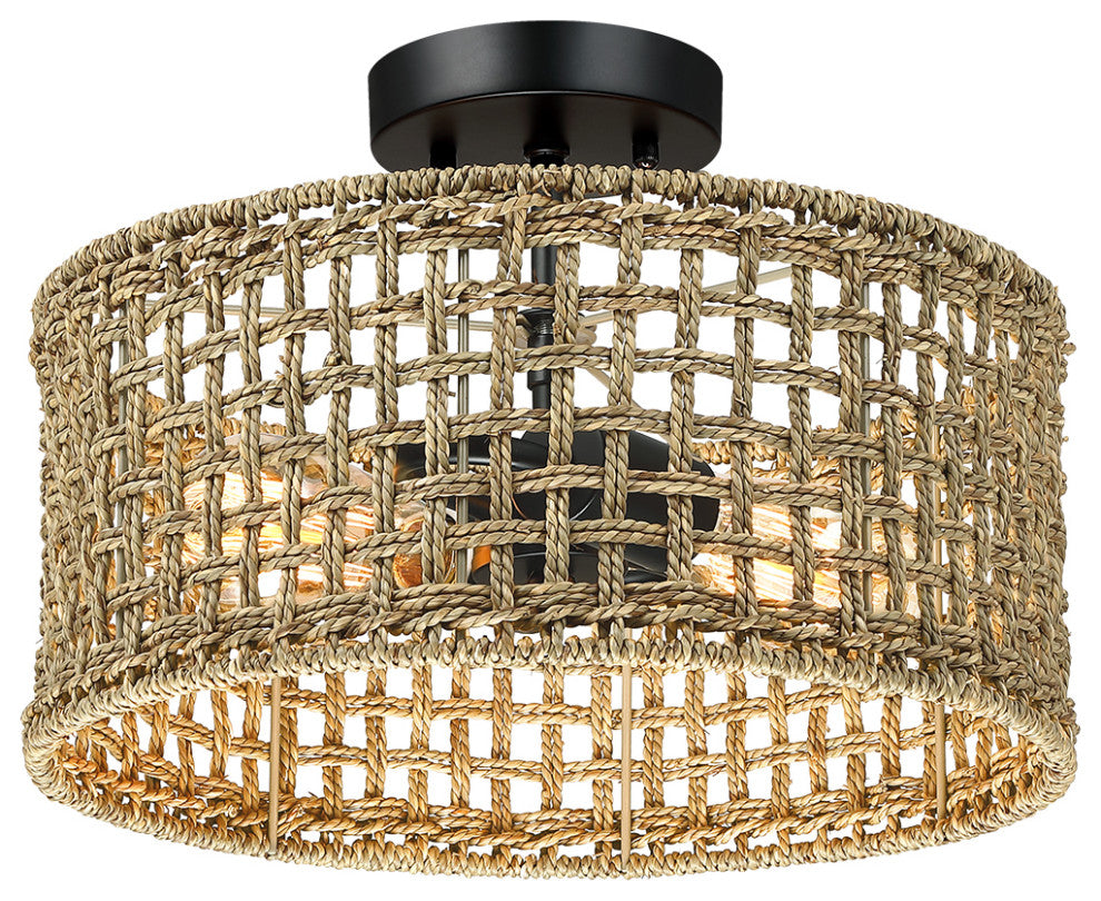 14" W 2-Light Rattan Drum Semi-Flush Mount Ceiling Light