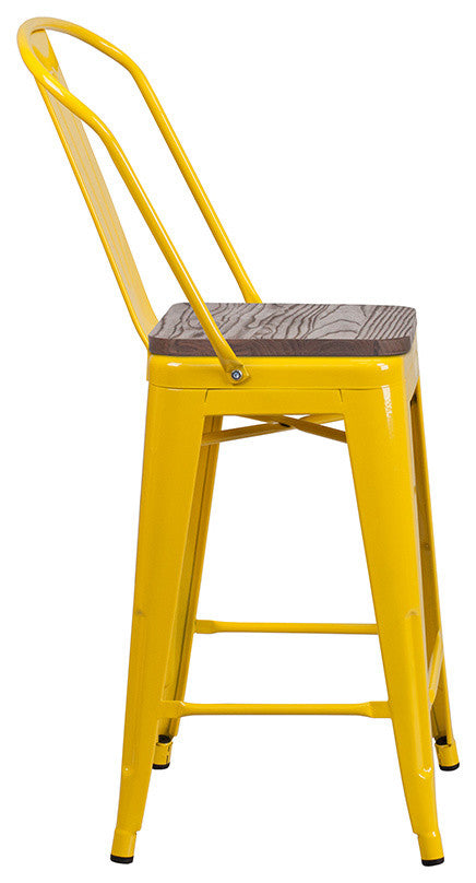 24" High Yellow Metal Counter Height Stool With Back and Wood Seat