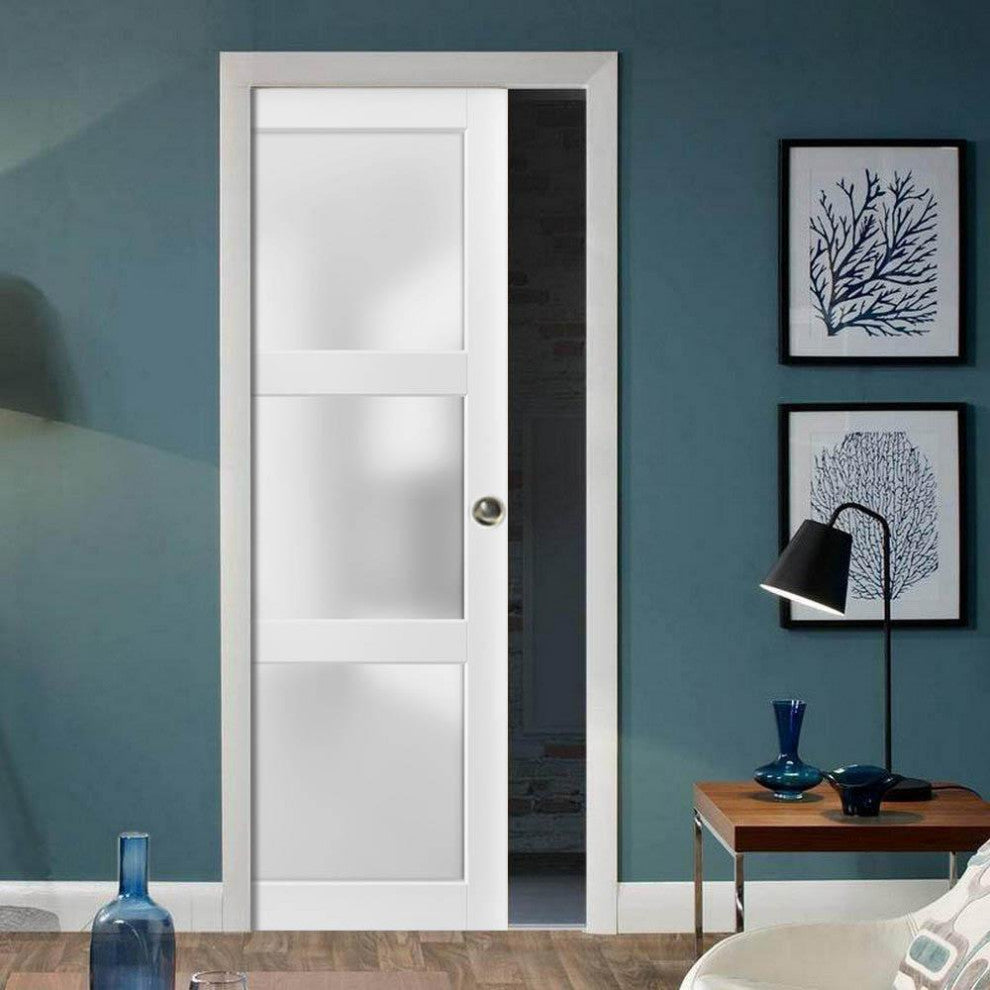 French Pocket Door 28x80 Frosted Glass 3 Lites | Lucia 2552 Matte White