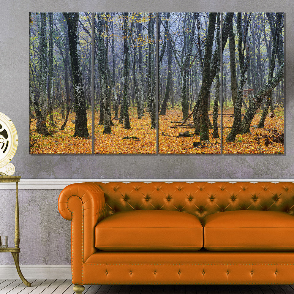 Dark Woods in Autumn Forest, Modern Forest Canvas Art, 48"x28", 4 Panels