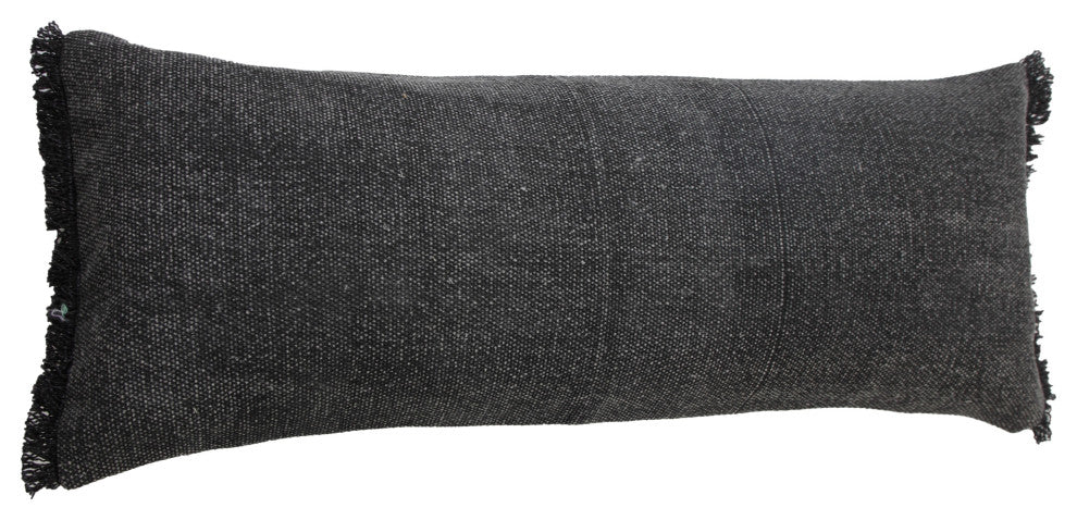 Muted Black Solid Stonewash Throw Pillow With Fringe, Black, 14"x36", Cover Only