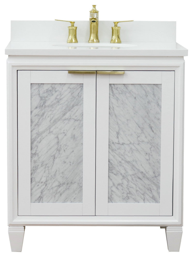 31" Single Sink Vanity, White Finish With Engineered Stone Top With Oval Sink