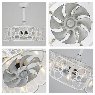 20" Distressed White Ceiling Fan, Metal Caged Fan Light w Remote