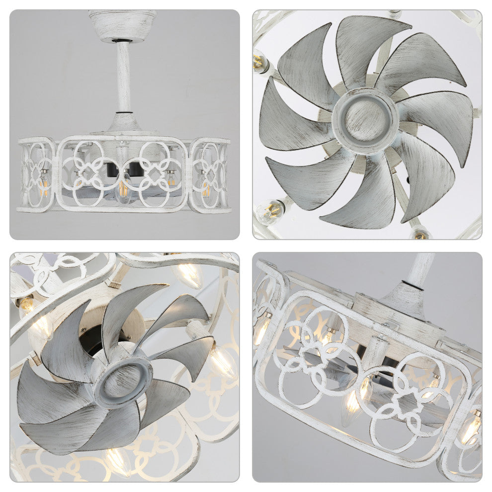 20" Distressed White Ceiling Fan, Metal Caged Fan Light w Remote