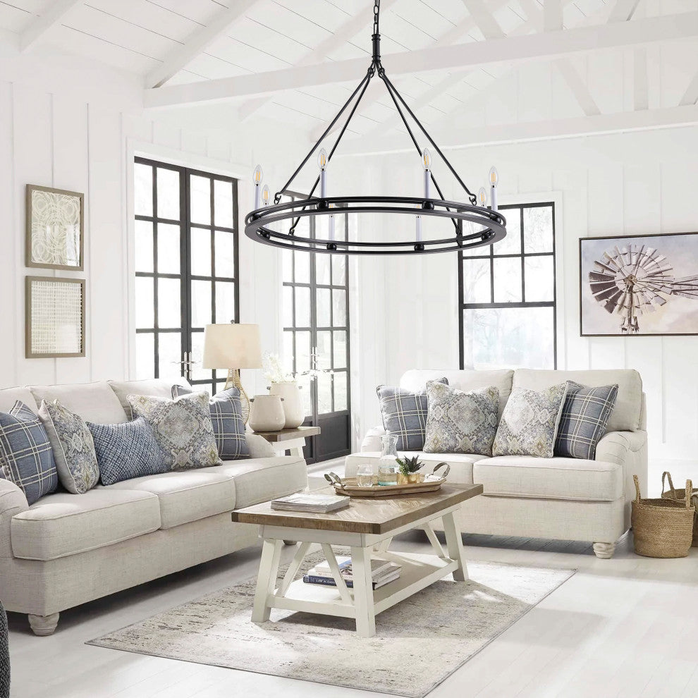 Industrial Black 8-Light Large Round Candle Chandelier for Dining Room