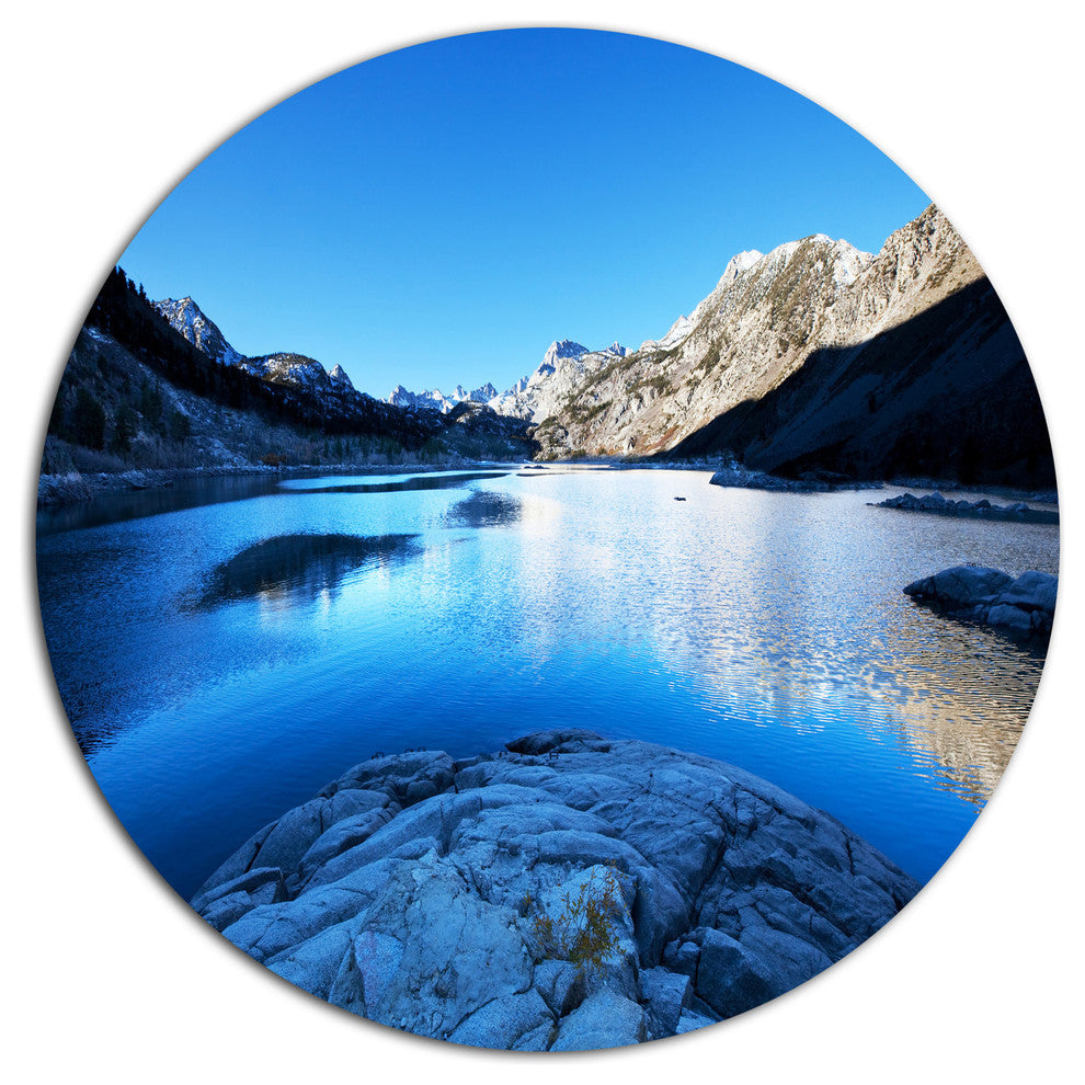 Amazing Blue Mountains Lake, Modern Landscape Round Metal Wall Art, 36"