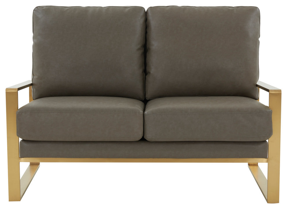 LeisureMod Jefferson Leather Modern Design Loveseat With Gold Frame, Gray