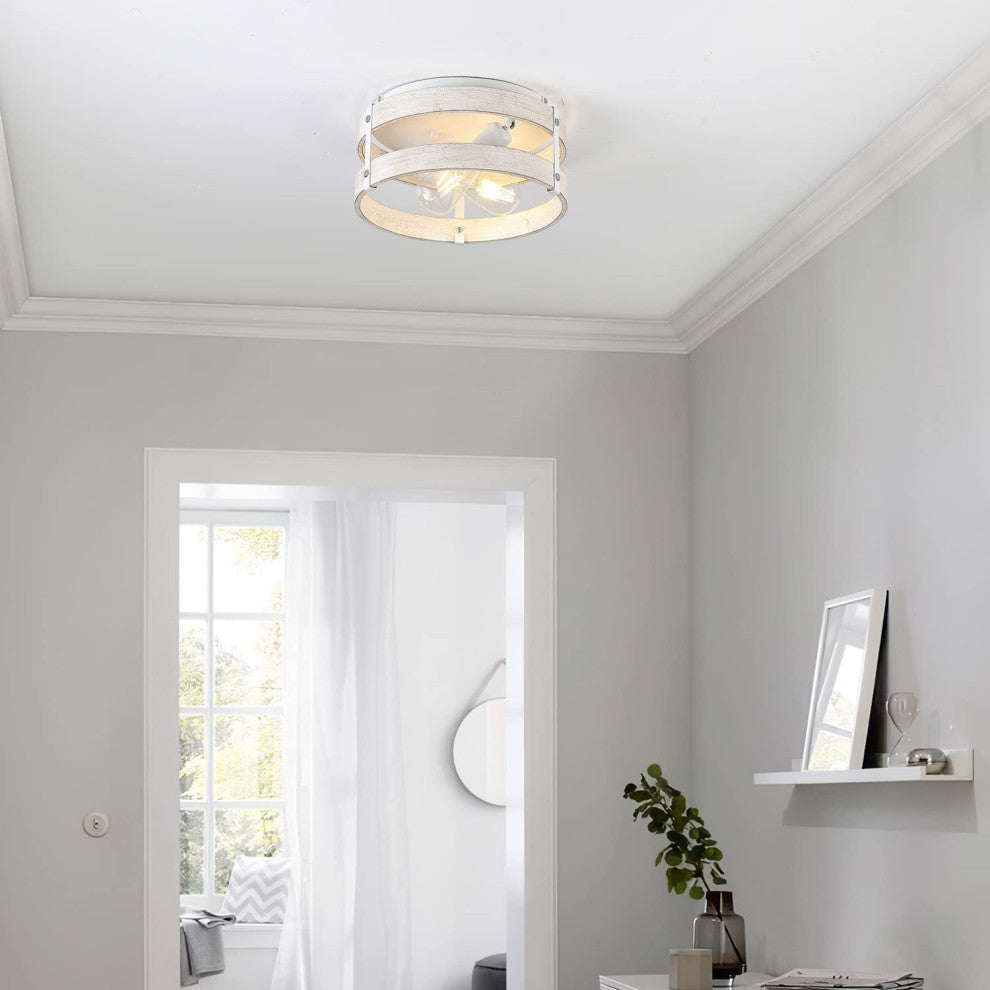 White Flush Mount Ceiling Light Fixture 2 Light Wood Drum Ceiling Lamp