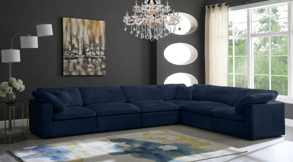 Cozy Velvet Upholstered Comfort L-Shaped Modular Sectional, Navy, 6-Piece: 3 Armless Chair, 3 Corner Chair