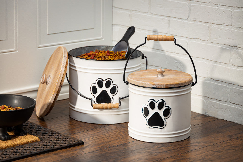 Set of 2, Assorted Metal Pet Storage Buckets, Wooden Lids and Handles