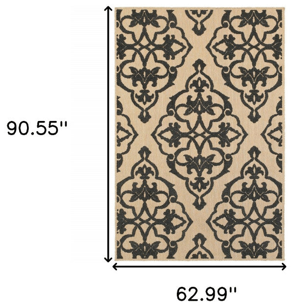 5' x 8' Beige and Black Medallion Stain Resistant Indoor Outdoor Area Rug