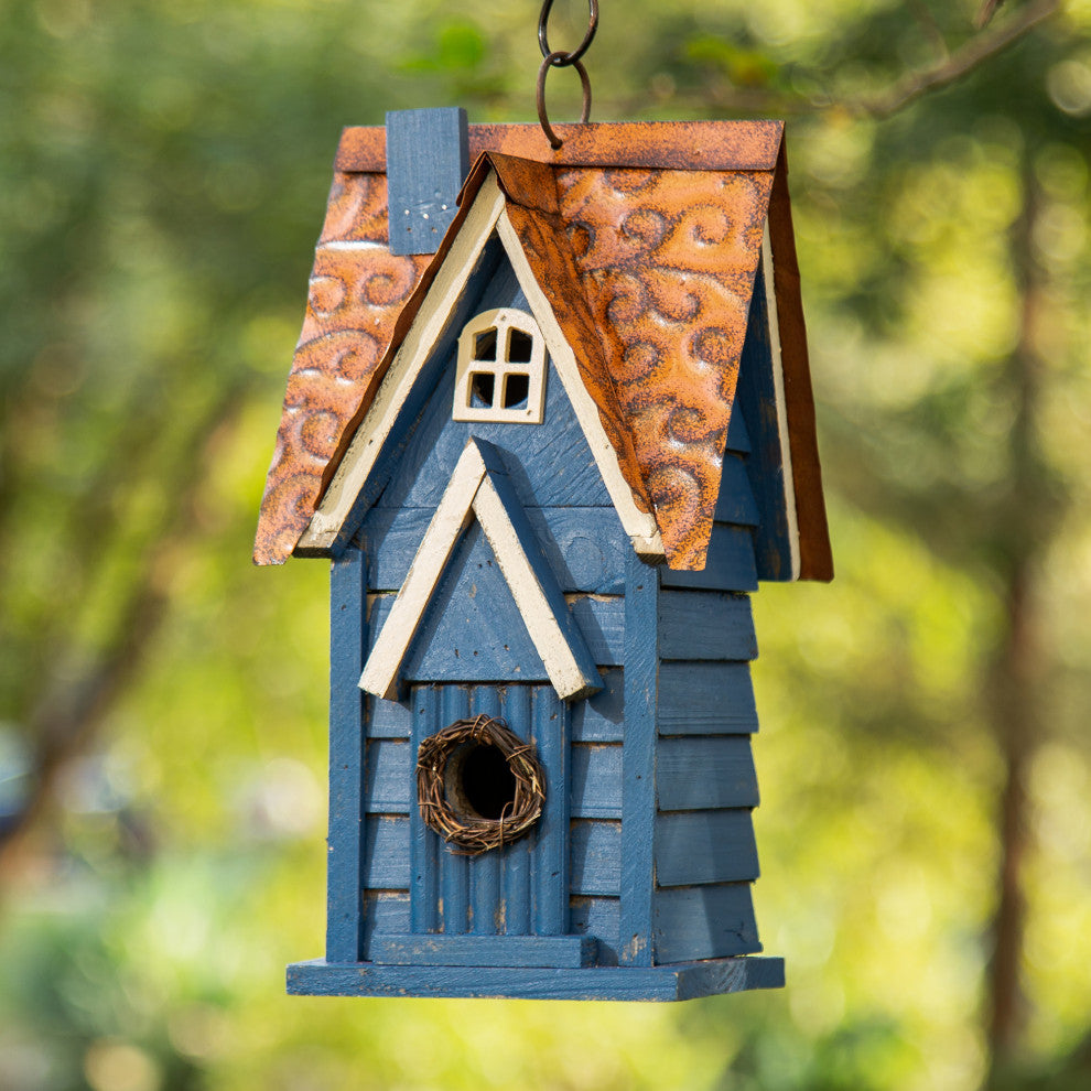 12"H Retro Blue Distressed Solid Wood Cottage Birdhouse