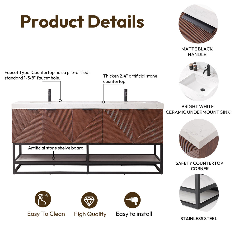 Mahon Bath Vanity, Stone Top, Matte Black Base, 72", Double Vanity, No Mirror