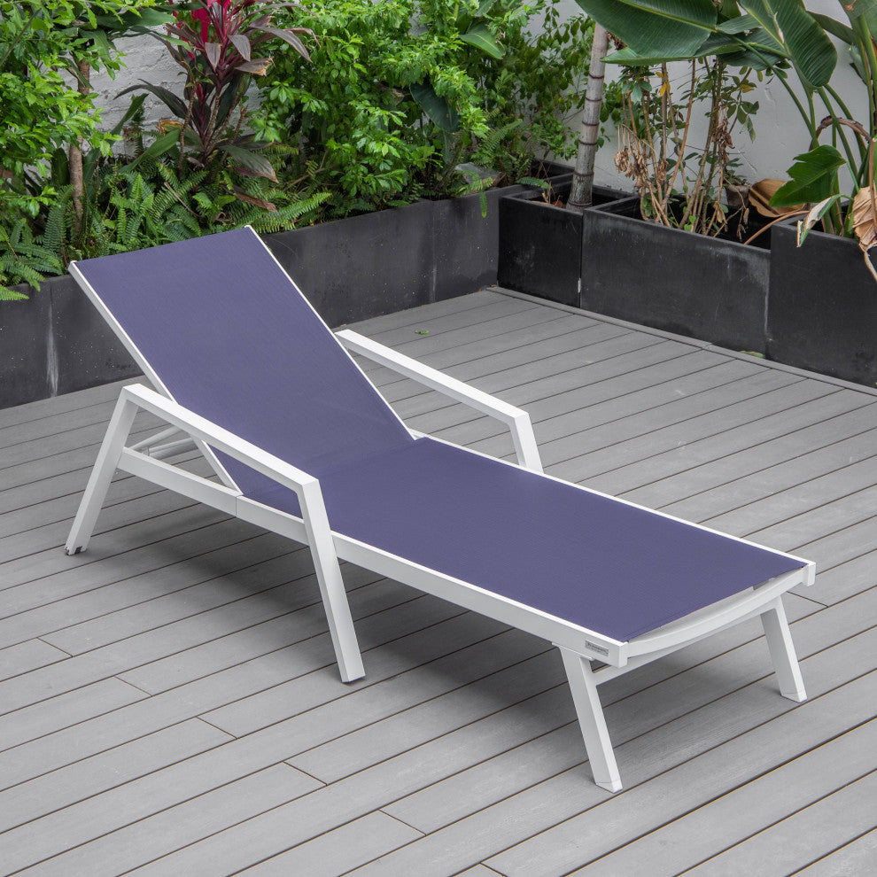 LeisureMod Marlin Patio Chaise Lounge Chair With Arms White Frame, Navy Blue