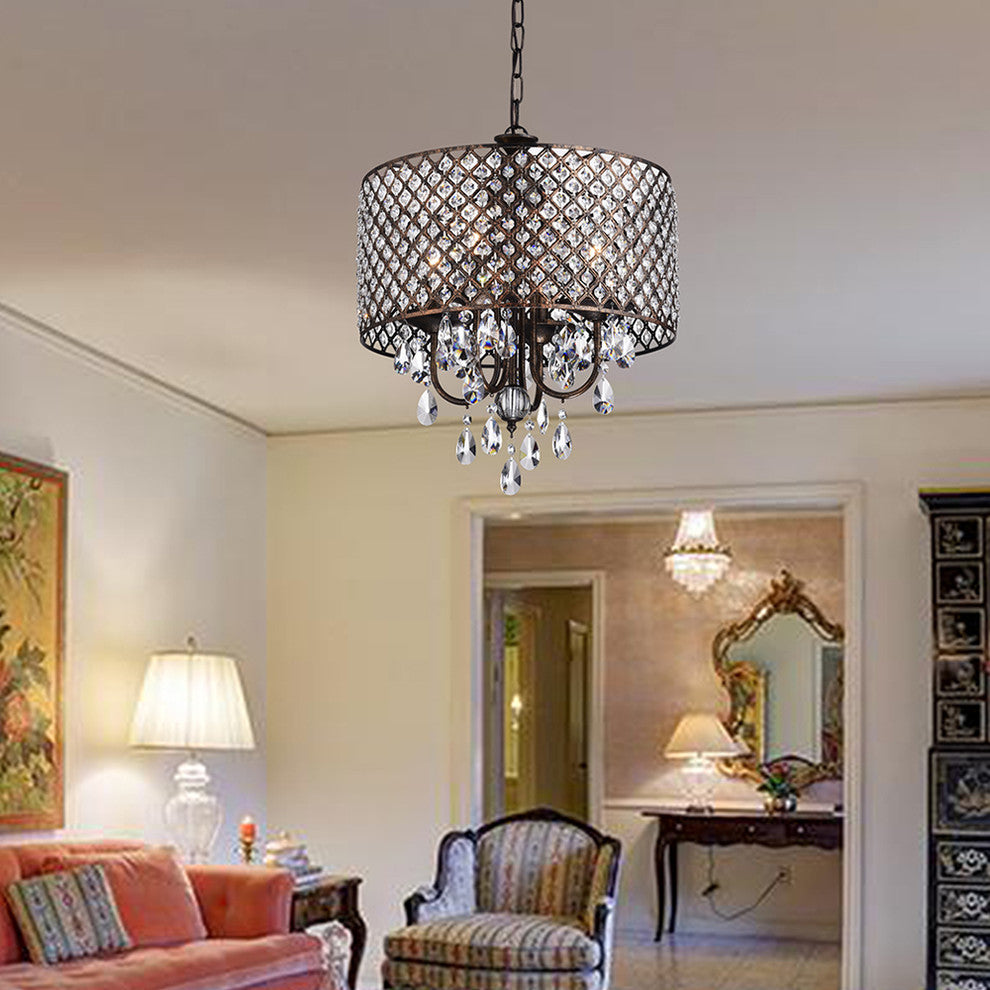 Marya 4-Light Antique Copper Round Beaded Drum Chandelier Hanging Crystals Glam