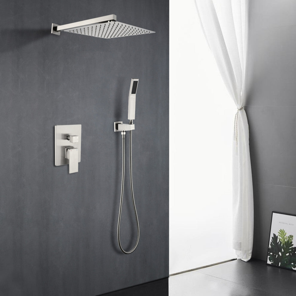 Wellfor Shower Faucet with Rain Shower Head, Handheld Shower and Valve, Brushed Nickel, 12" Shower Head