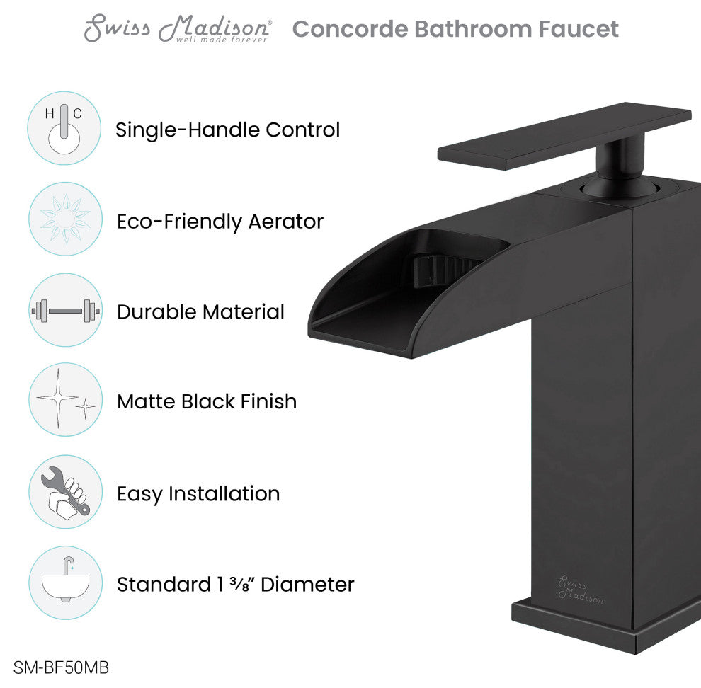 Concorde Single Hole, Waterfall Bathroom Faucet, Matte Black