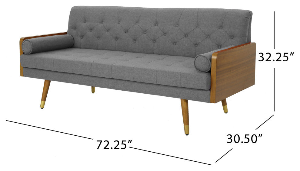 GDF Studio Aidan Mid-Century Modern Tufted Fabric Sofa, Brown/Black/Silver