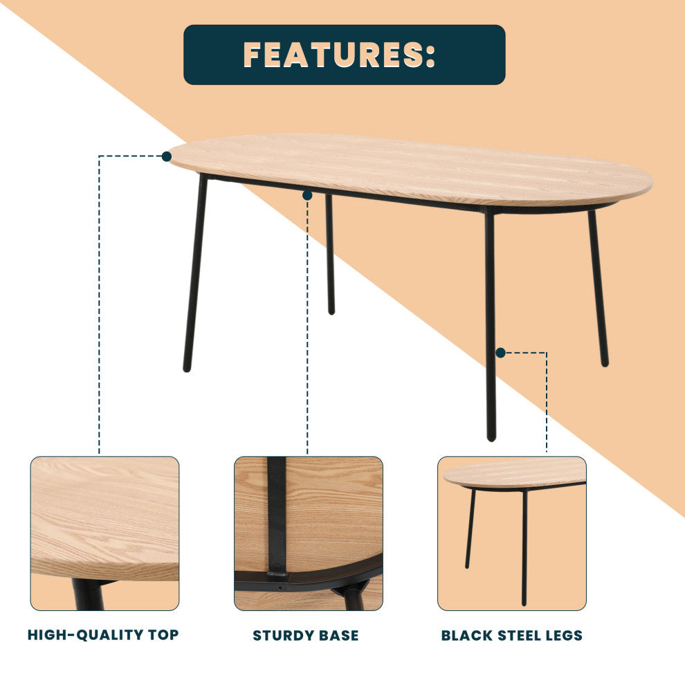LeisureMod Tule 83" Oval Dining Table With MDF Top and Steel Legs, Natural Wood