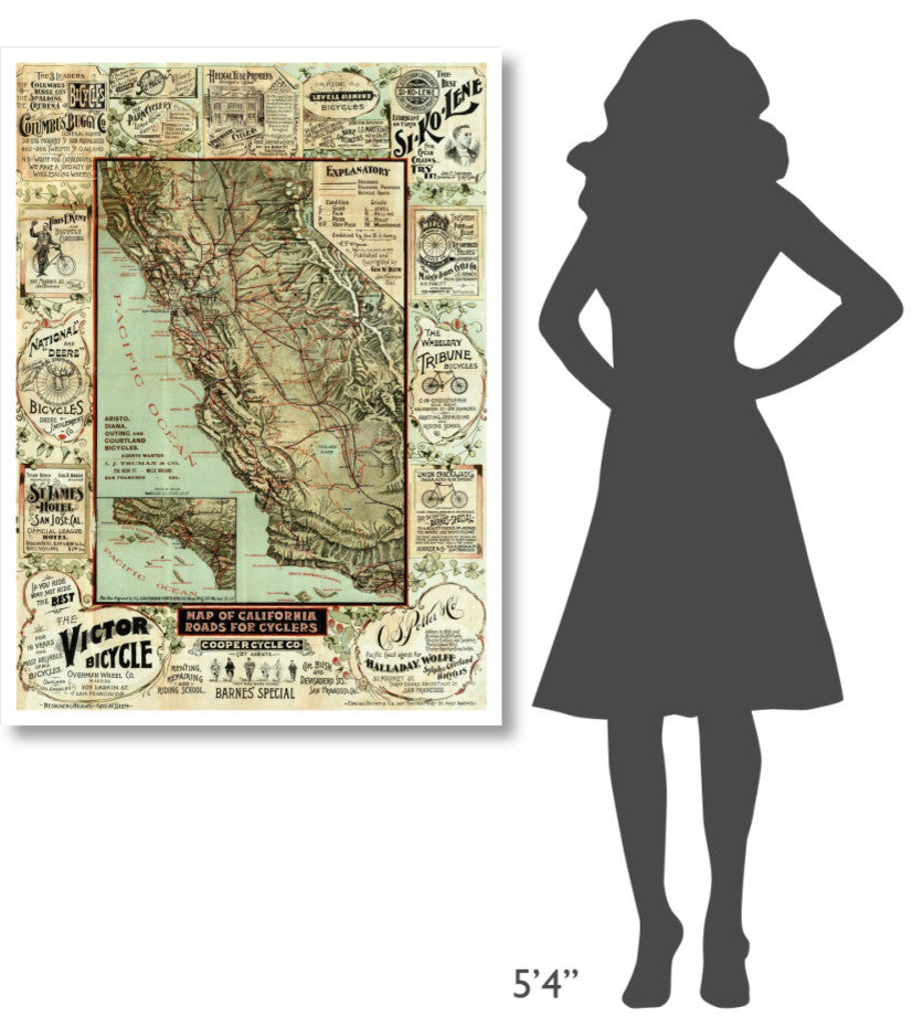 "Map of California Roads for Cyclers, 1896" Print by George W. Blum, 34"x46"