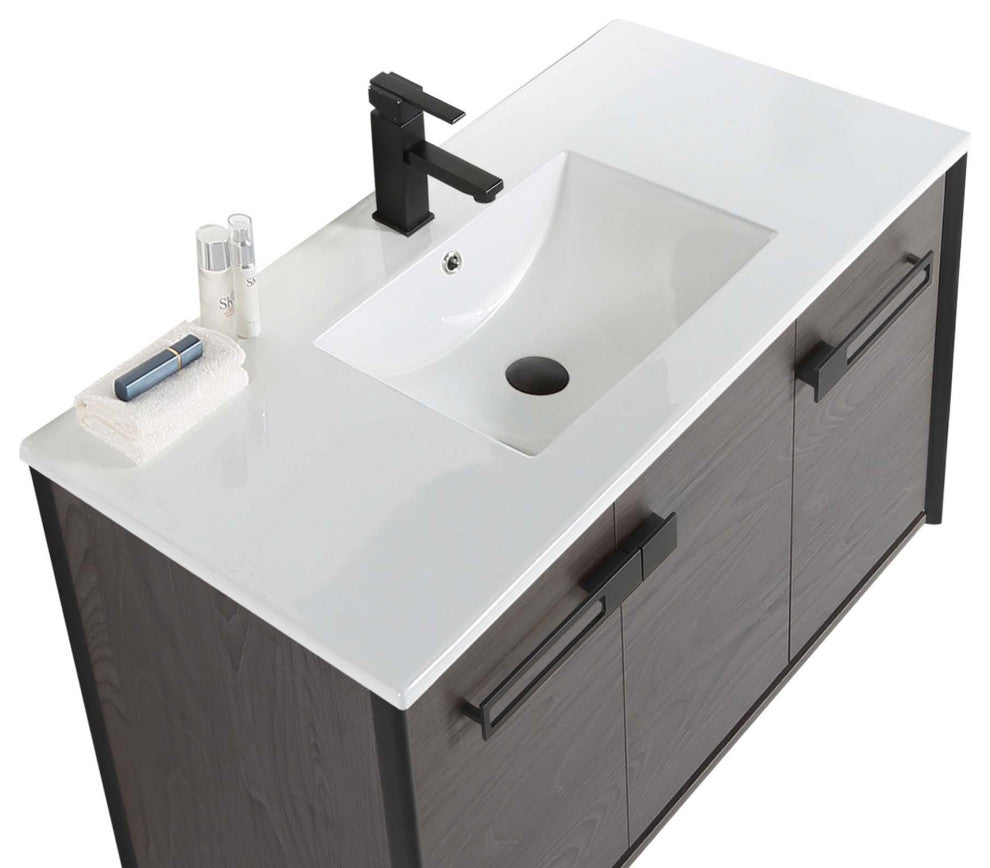 Oakville Wall Mount Bathroom Vanity, Black Coal Oak, 42", Black Hardware
