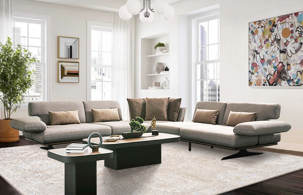 Belluno Taupe Faux Suede Sectional Sofa With Sliding Backrest and Armrest