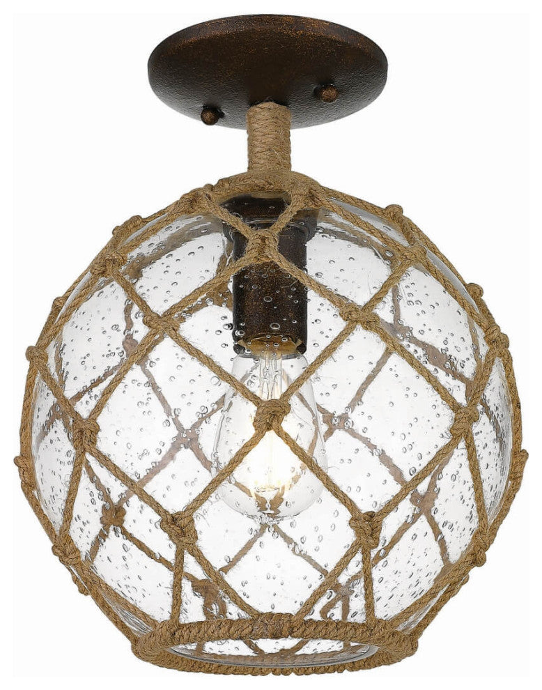 1 Light 10" Semi Flush Mount, Burnished Chestnut With Seeded Glass