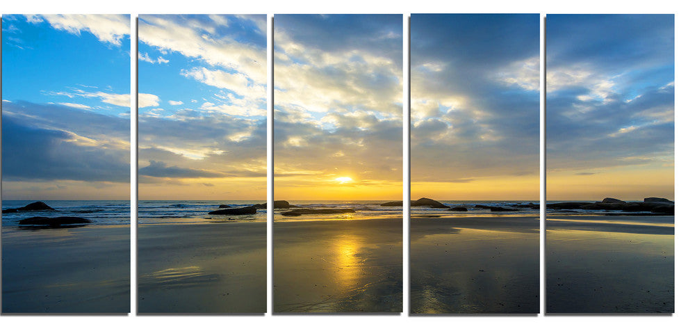 Beautiful Sunrise and Seashore, Seashore Canvas Wall Art, 60"x28", 5 Panels