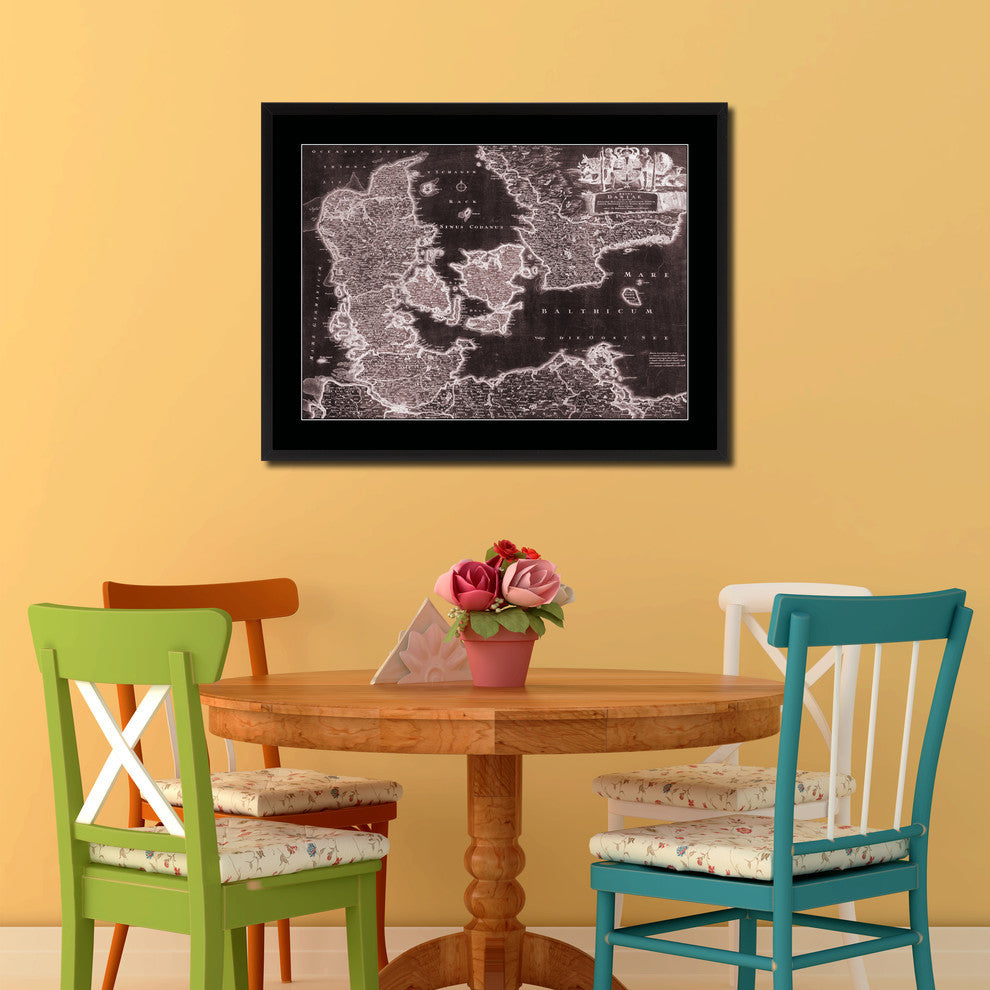 Denmark Centuries Vivid Sepia Map Print On Canvas With Black Frame, 16" X 21"