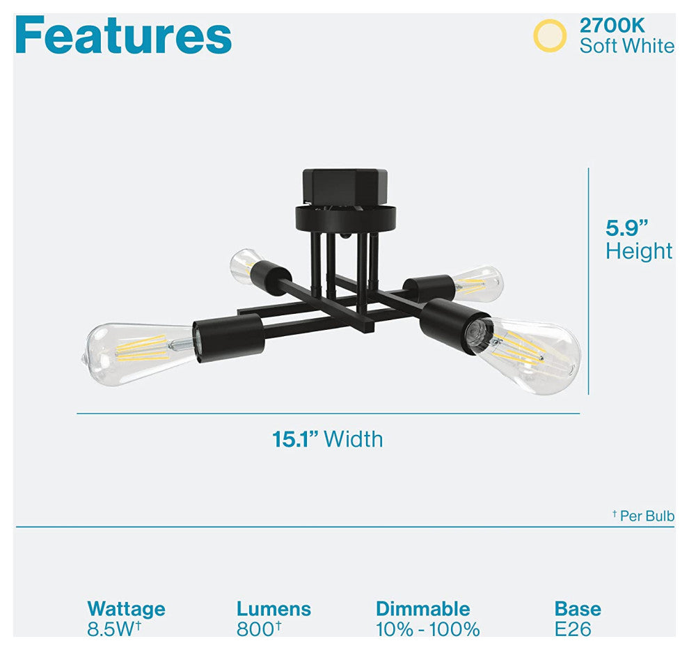 2 Pack, Black Ceiling Light Fixture, 4 Light Sputnik