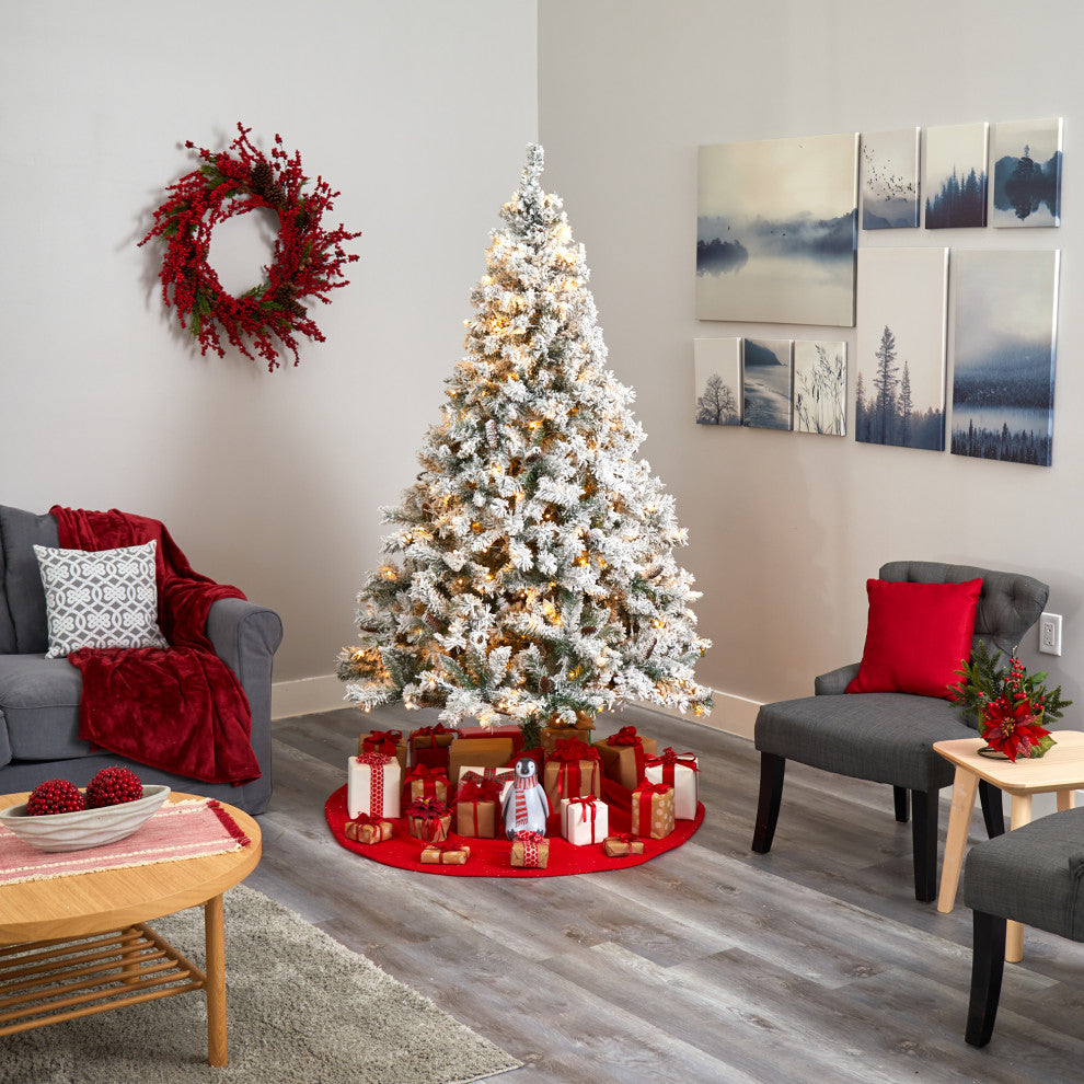 7' Flocked White River Mountain Pine Faux Xmas Tree With Pinecones & 350 Lights