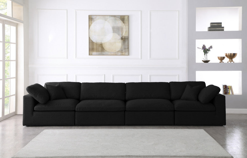 Serene Linen Textured Fabric Deluxe Comfort 4-Piece Modular Sofa, Black