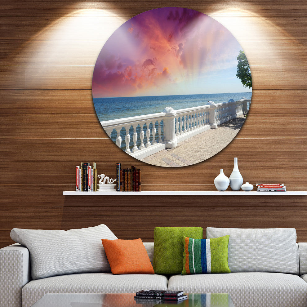 Stone Balcony With Ocean View, Seashore Photo Disc Metal Artwork, 36"