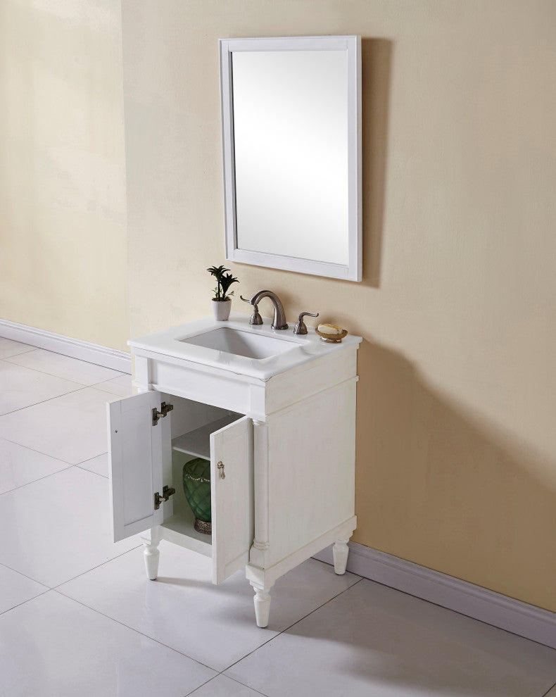 24" Single Bathroom Vanity, Antique White With Ivory White Engineered Marble