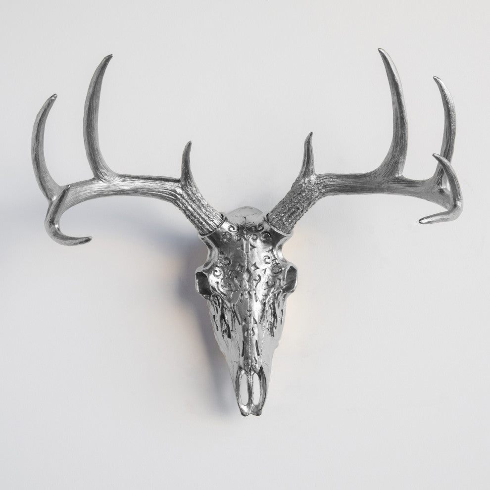 Faux Deer Skull Native American Carving Wall Decor, Metallic Silver