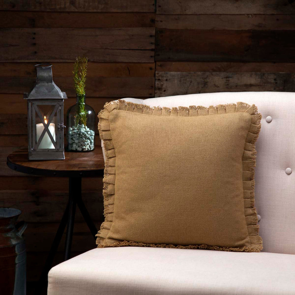 Burlap Natural Pillow With Fringed Ruffle, 16x16