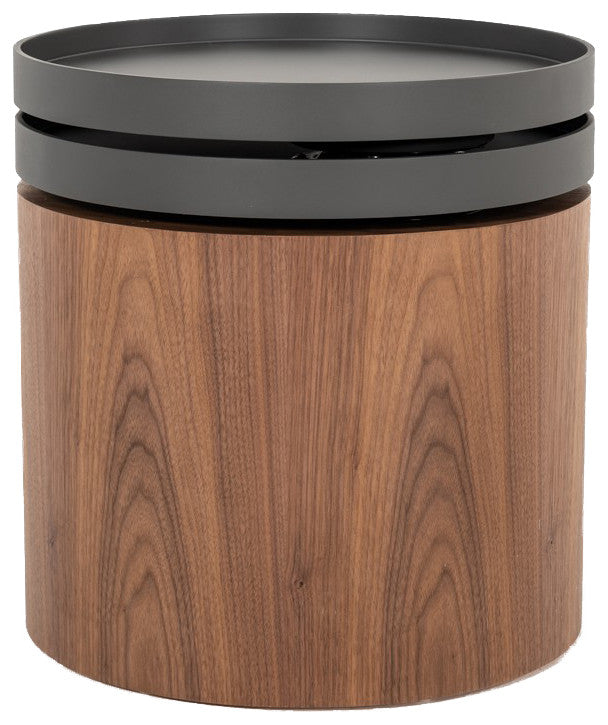 Benzara BM214822 Cylindrical Wooden End Table with Swivel Tray Top, Brown/Black