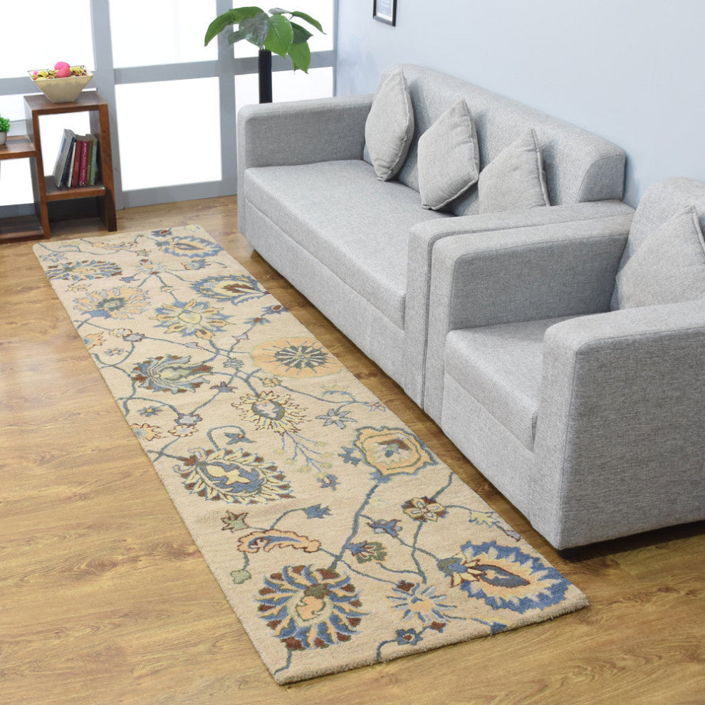 HAND TUFTED WOOL ECO-FRIENDLY AREA RUGS- Runner,Cream,Floral