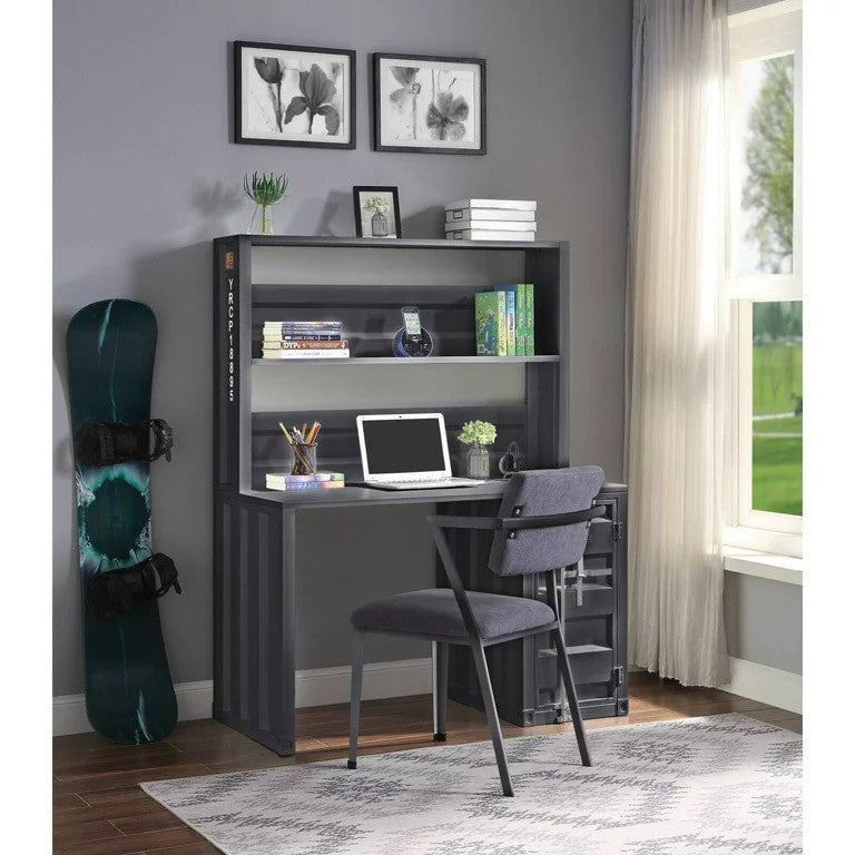 Industrial Desk, Cargo Design With Storage Cabinet & Upper Open Shelf, Gunmetal