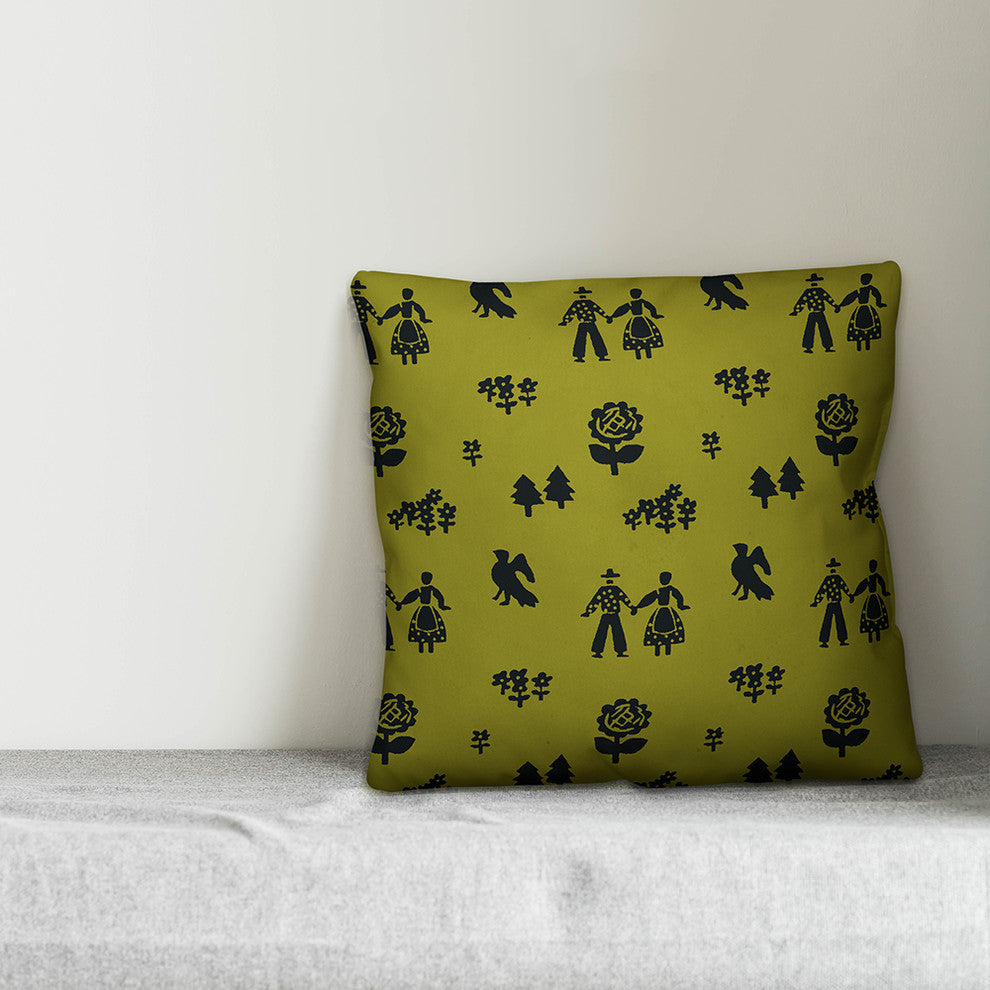 Folk Forest Motif, Green Outdoor Throw Pillow, 16"x16"