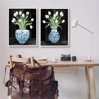 White Tulips Chinese Ceramic Urn Patterned Porcelain, 2pc, each 24 x  30
