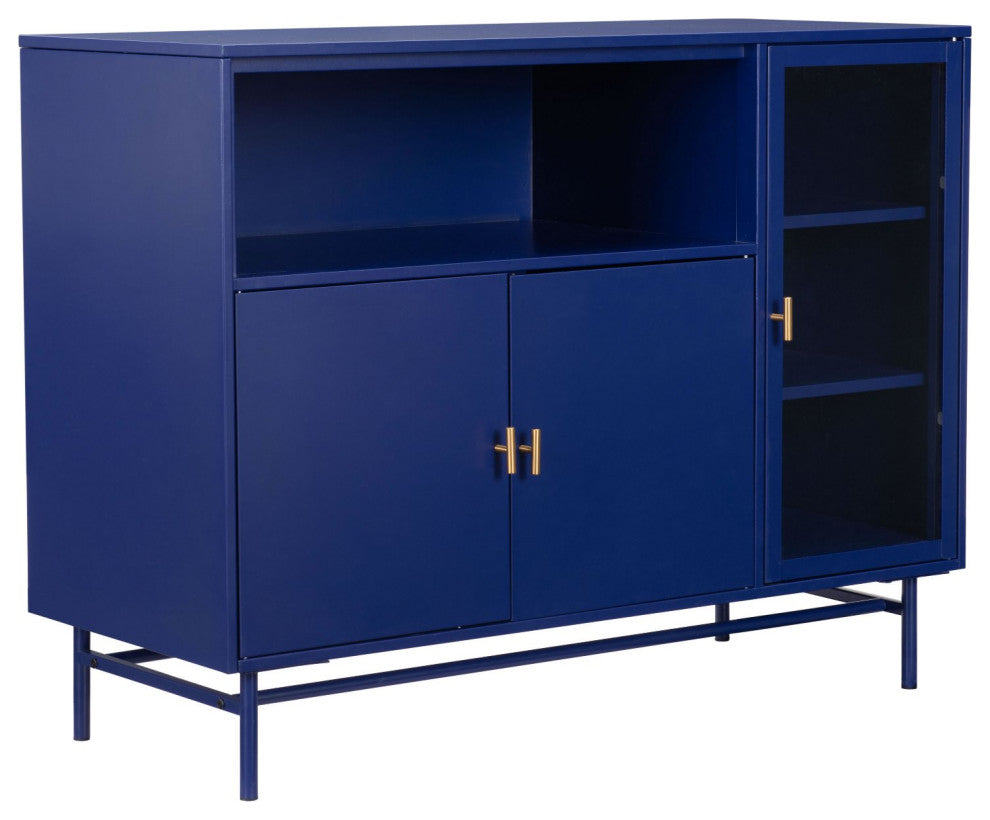 Bar Cabinet, Glass, Metal, Blue, Clear, Gold, Bar Kitchen Pub Cafe Bistro