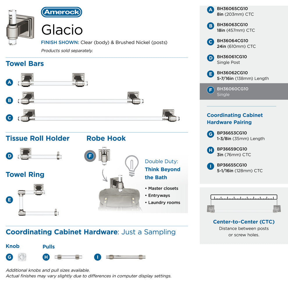 Glacio Contemporary Single Robe Hook, Clear/Brushed Nickel