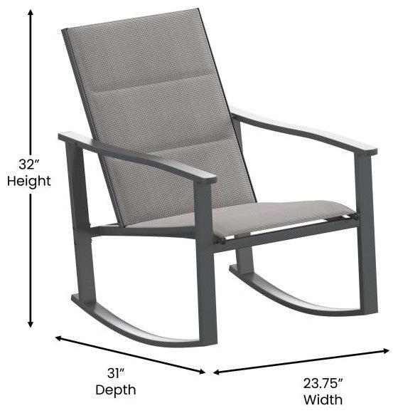 Brazos 3 Piece Outdoor Rocking Chair & Glass Top Table Set, Gray/Black