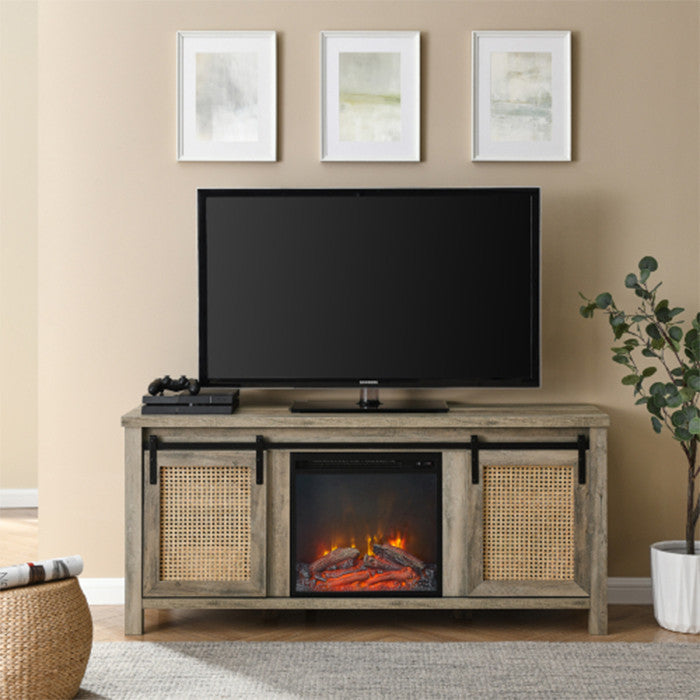 Farmhouse fireplace tv stand 65 inch grey Cabinet Door with wood 4 Storage Shelv