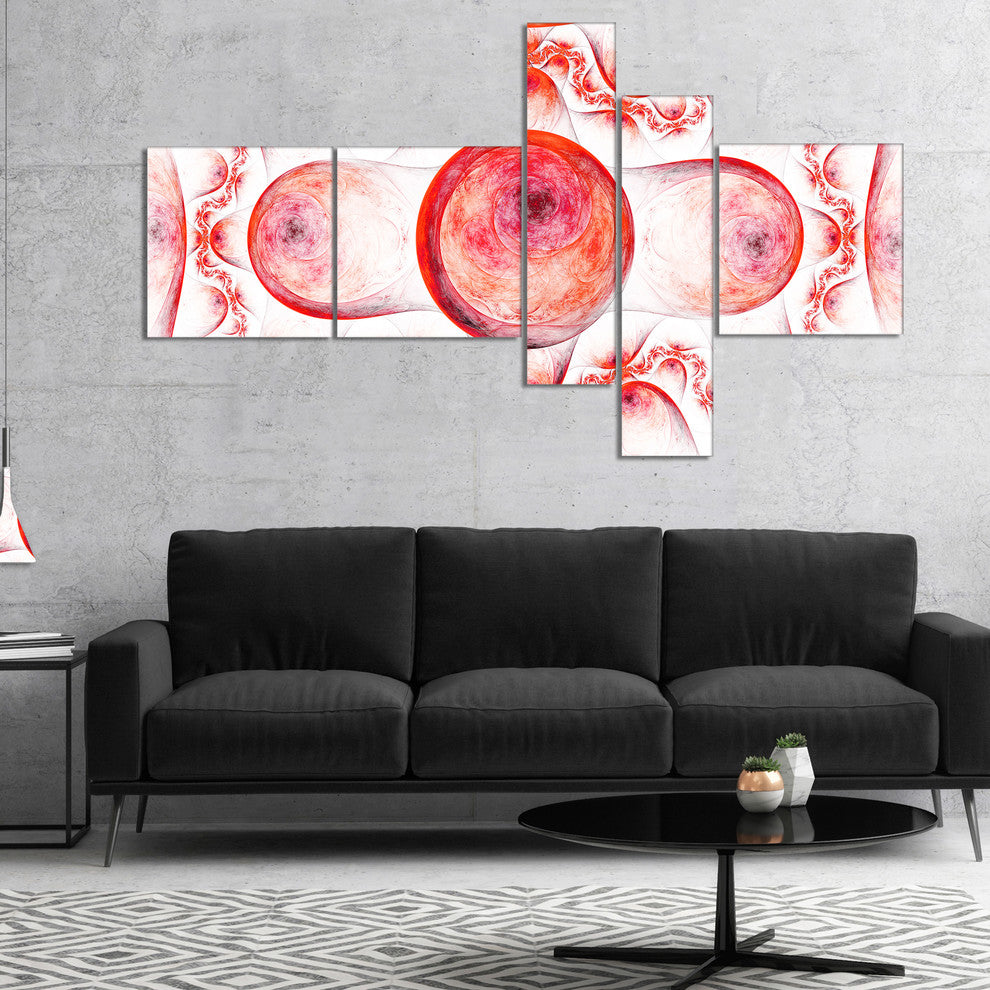 Red Exotic Pattern on White, Abstract Art on Canvas, 60"x32", 5 panels
