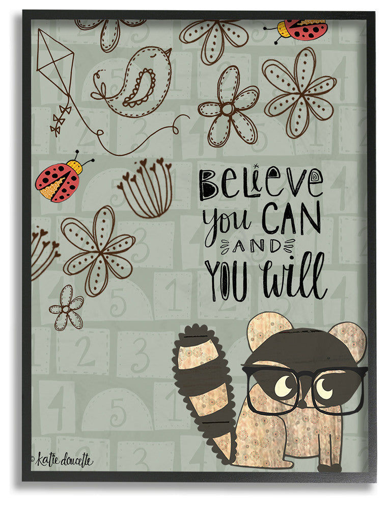 Believe You Can Floral Pattern Raccoon with Glasses Framed Giclee, 16"x20"