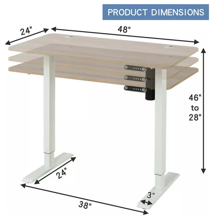Electric Adjustable Desk, White Iron Legs With Oak Finished Top & Headphone Hook
