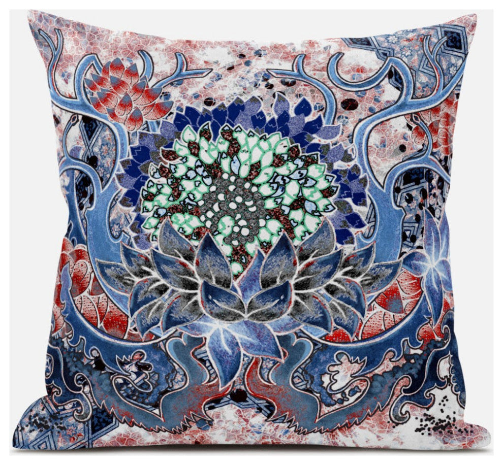 20" Blue Pink Flower Bloom Suede Throw Pillow